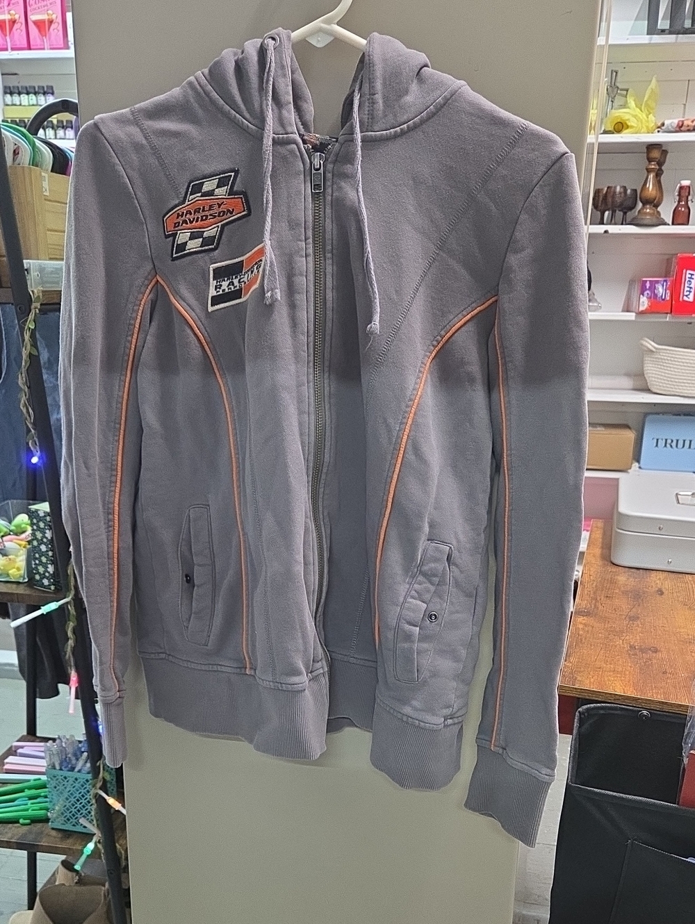 Harley-Davidson Gray Hoodie with Orange Trim and Logo Patches